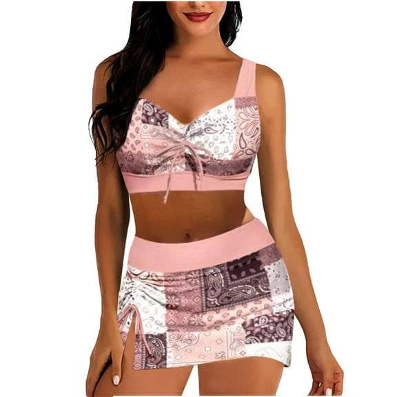 Amidoa Monokini Swimsuits for Women Bow Graphic Print Push-up High Waist Skirt Bikini Tops for Women