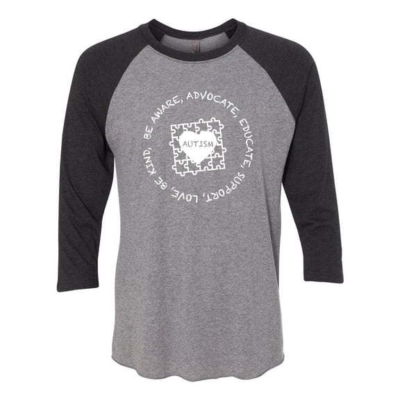 Adult Unisex Autism Awareness Puzzle Be Aware Educate Support Love 3/4 Sleeve Raglan-Black Heather/Heather Grey-medium