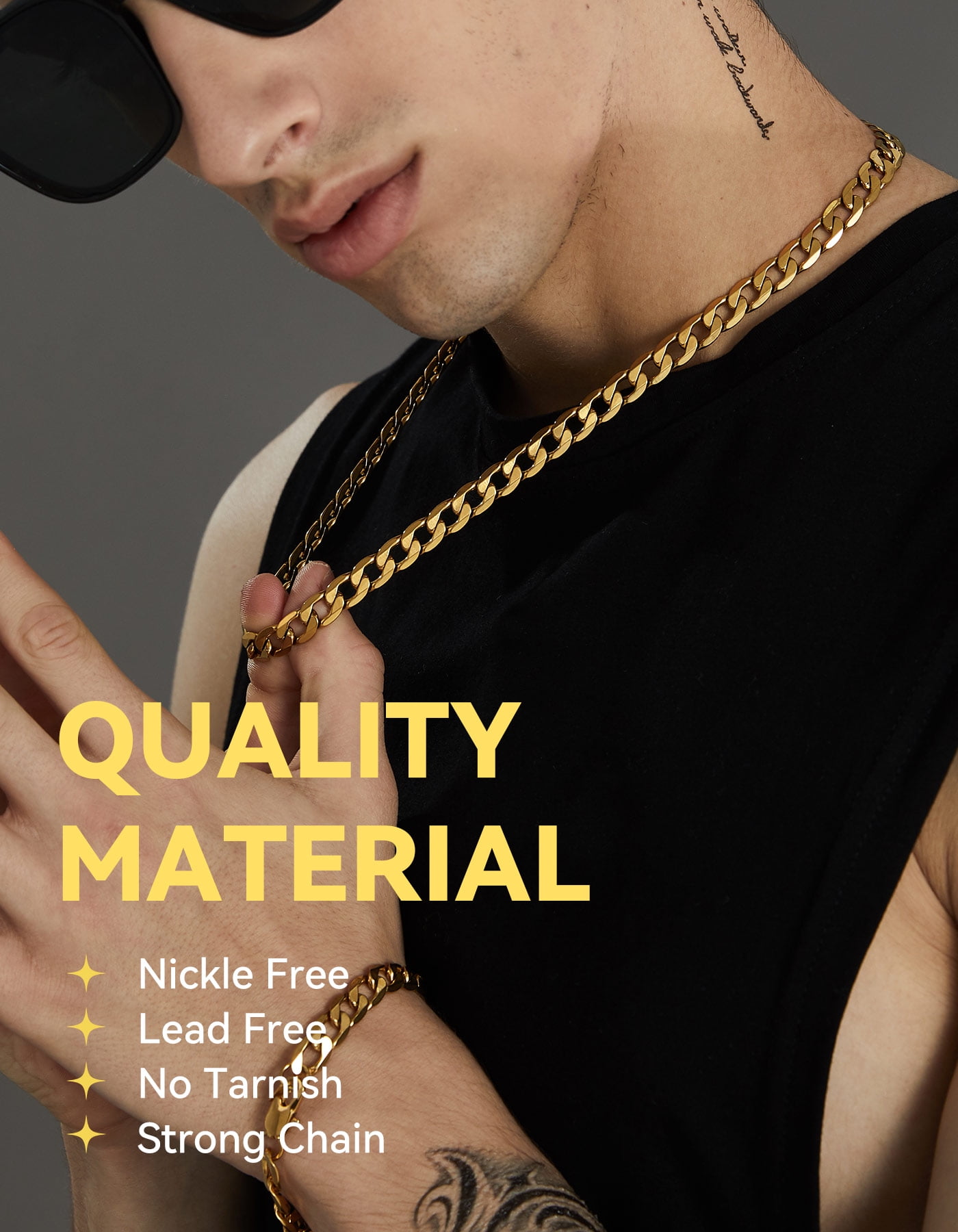 ChainsHouse Mens Necklaces Cuban Link Chain 14k Gold Plated Necklace for Men Women Stainless Steel 9mm Chunky Chains Men Jewelry Gift, 18 inches