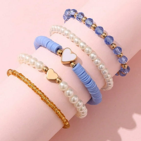 L.YY Stackable Pearl Beaded Bracelets with Heart Charm, Blue (5 Pack)