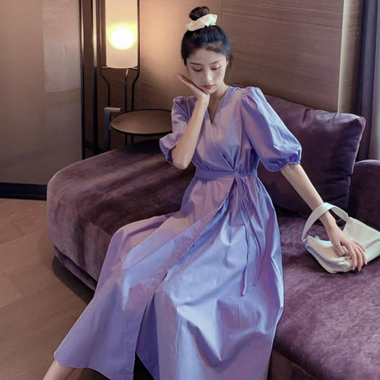 Purple A line Dresses For Women Fashion Sweet V neck Puff Sleeve