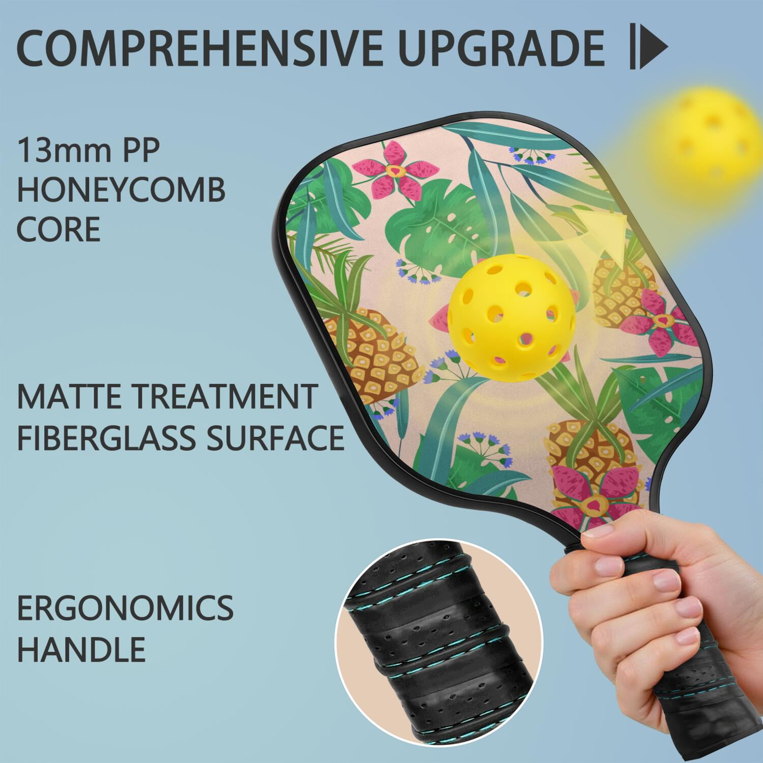 Pickleball Paddles Set Of 2, Fiberglass Surface, Tropical Jungle Print, 4 Balls & Bag