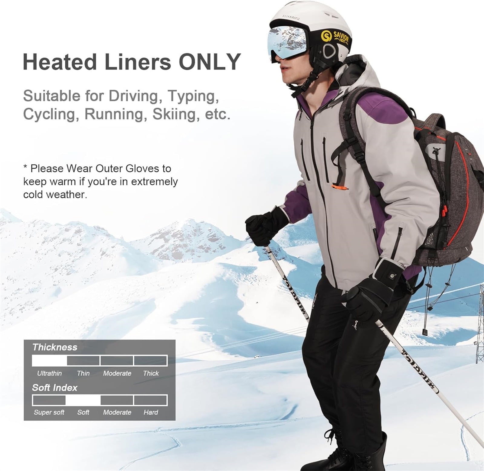 SAVIOR HEAT Heated Liners Gloves for Men Women, Electric Rechargeable Battery Thermal Thin Gloves for Winter Skiing Typing Driving Riding Cycling Hiking