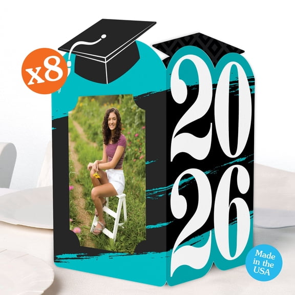 Big Dot of Happiness Teal 2026 Graduation Photo Holder Centerpieces, 4x6 Picture Display Box, Table Decoration Centerpiece for Turquoise Grad Party Decor, 8 Count