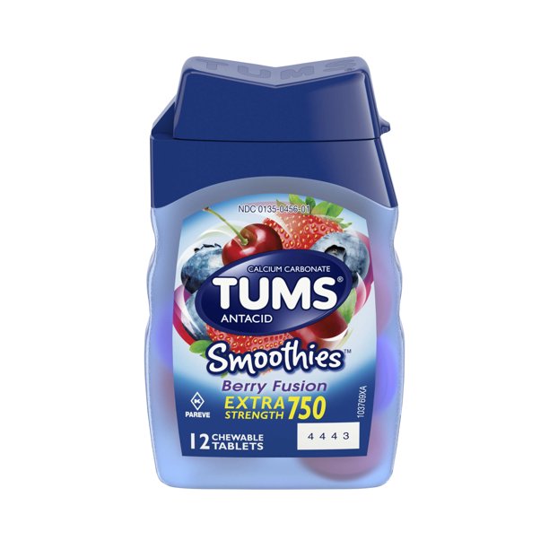 TUMS Smoothies Berry Fusion Extra Strength Antacid Chewable Tablets for Heartburn Relief, 12
