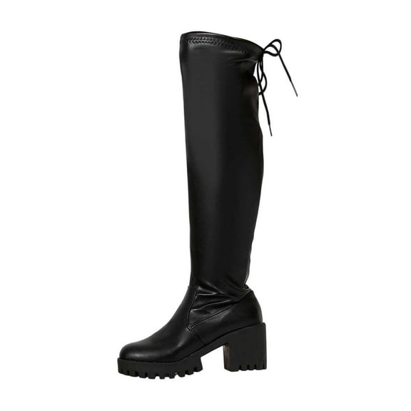 Knee High Boots Women Chunky Heel Round Toe Tall Boot for Women High Heel Pull Up Long Boots,Color:Black,Size:7.5