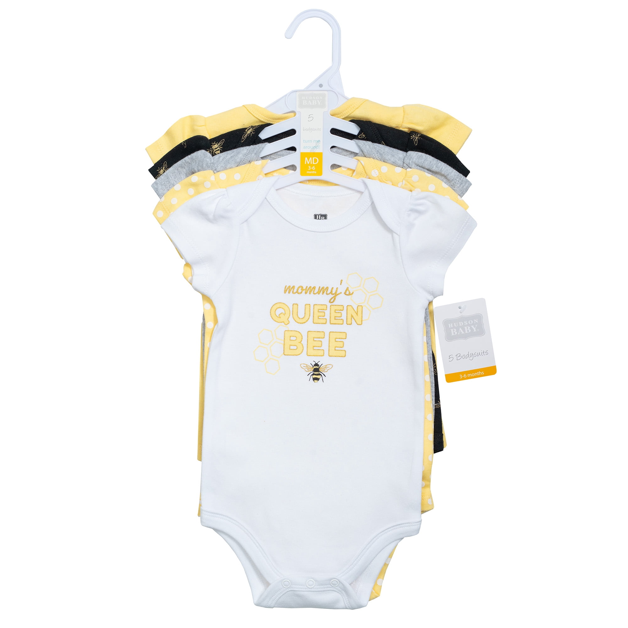 Hudson Baby Infant Girls Cotton Bodysuits 5-Pack, Queen Bee, 18-24 Months