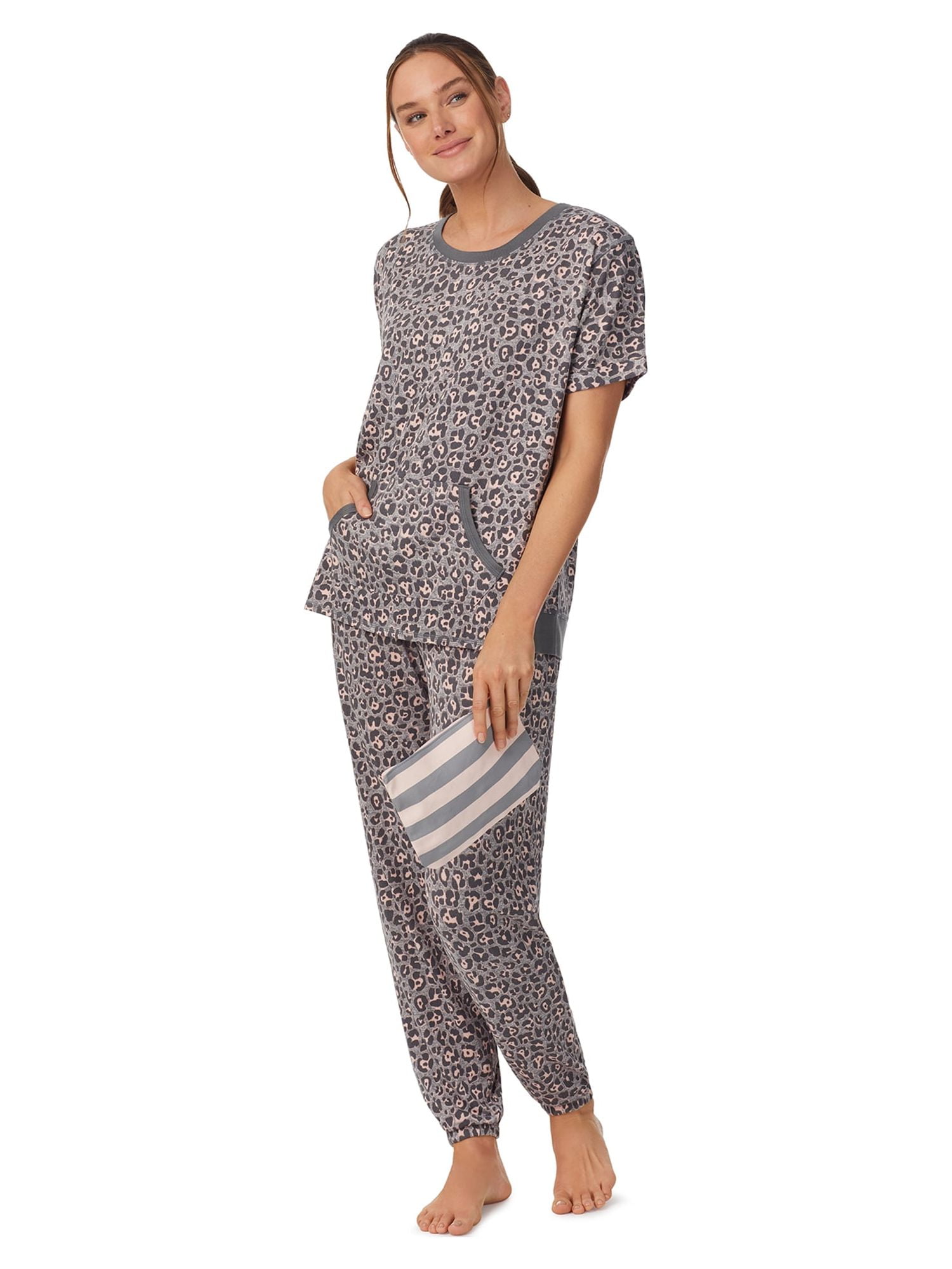 Secret Treasures Women's and Women's Plus Short Sleeve Top and Joggers with Makeup Bag, 3-Piece Knit PJ Set