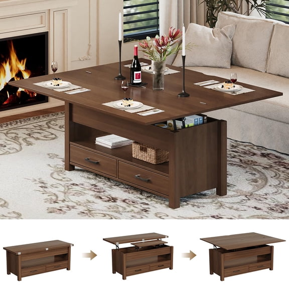 Ataucjin 4 in 1 Convertible Lift Top Coffee Table with Storage for Living Room,40" Storage Coffee Tables with 2 Drawers,Large Coffee Table with Hidden Compartment