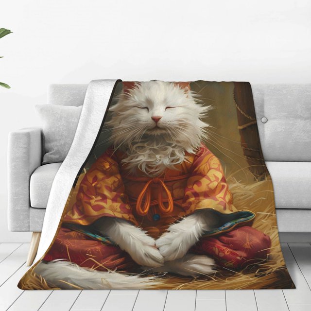 Balery Haystack Meditating Cat Manta de Felpa Suave y Acogedora – Cobija de Franela Aterciopelada para Cama, Lavable y Cálida para Sofá, Mascotas, Transpirable-80"x60"
