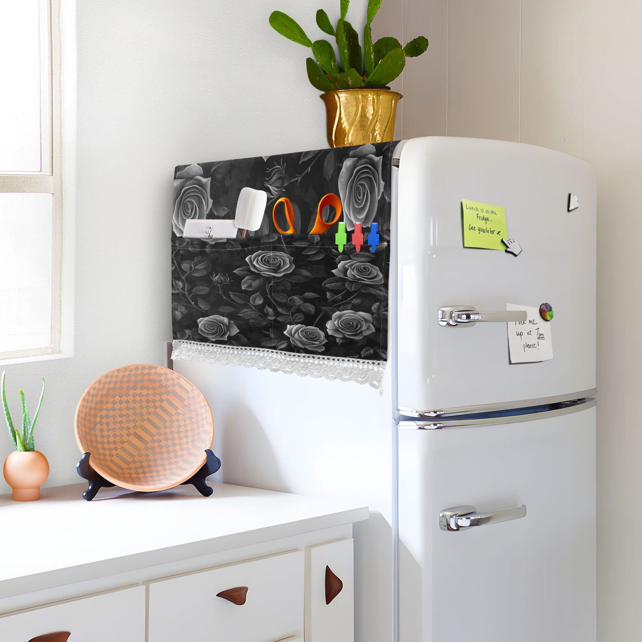 Black RoseWasher and Dryer Covers Dust-Proof and Oil Resistant Fridge Cover with 4 Storage Pockets Washing Machine Top Cover for Laundry Kitchen Home 51.2 x 22 In