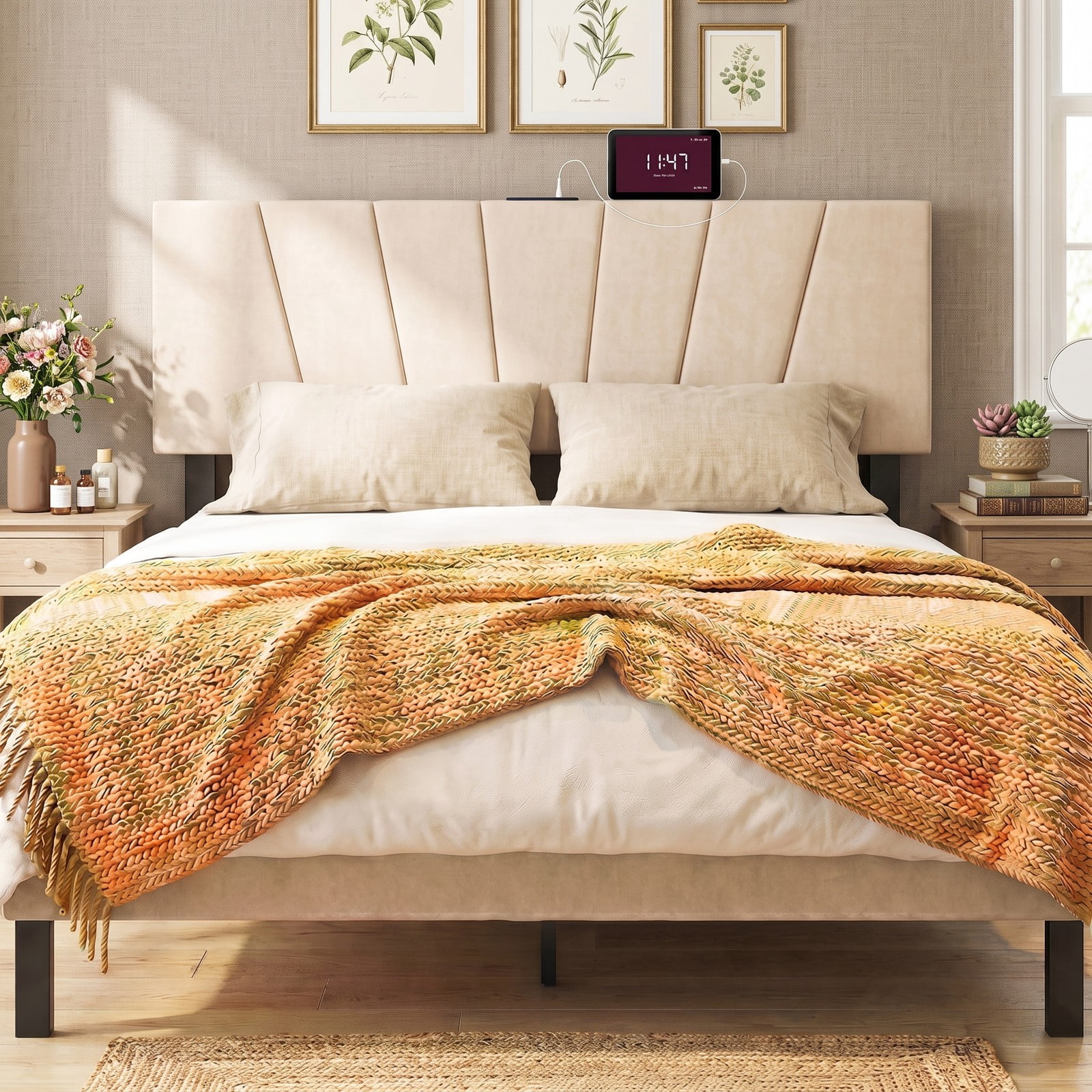Furnibear Geometric Channel Upholstered Headboard with 2 AC Outlets and USB and Type-C Charging Ports for Full and Queen Size Beds, Beige