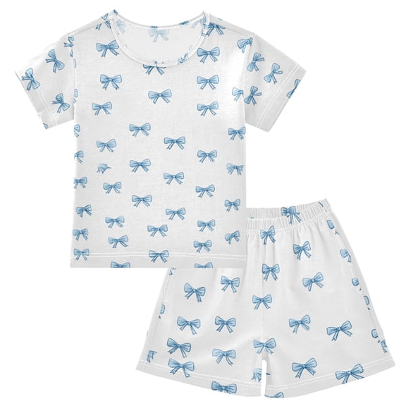 Summer Short Sleeve Pajama Sets Blue Bows Patterns Sleepwear Nighty 95% Cotton (5-14Y)