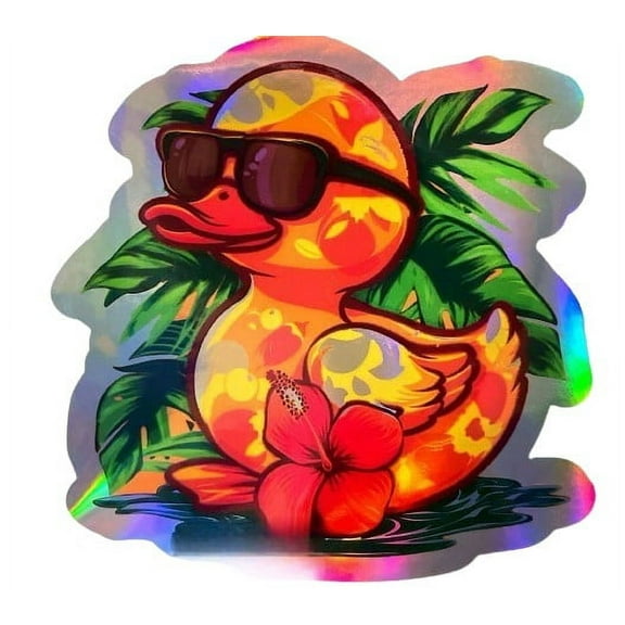 Holographic Cute Hawaiian Duck Car Sticker. Waterproof Vinyl Decal for Laptop, Window, Bumper, Phone and More. Tropical Aesthetic Gift for Duck Lovers. Hawaii car decal sticker