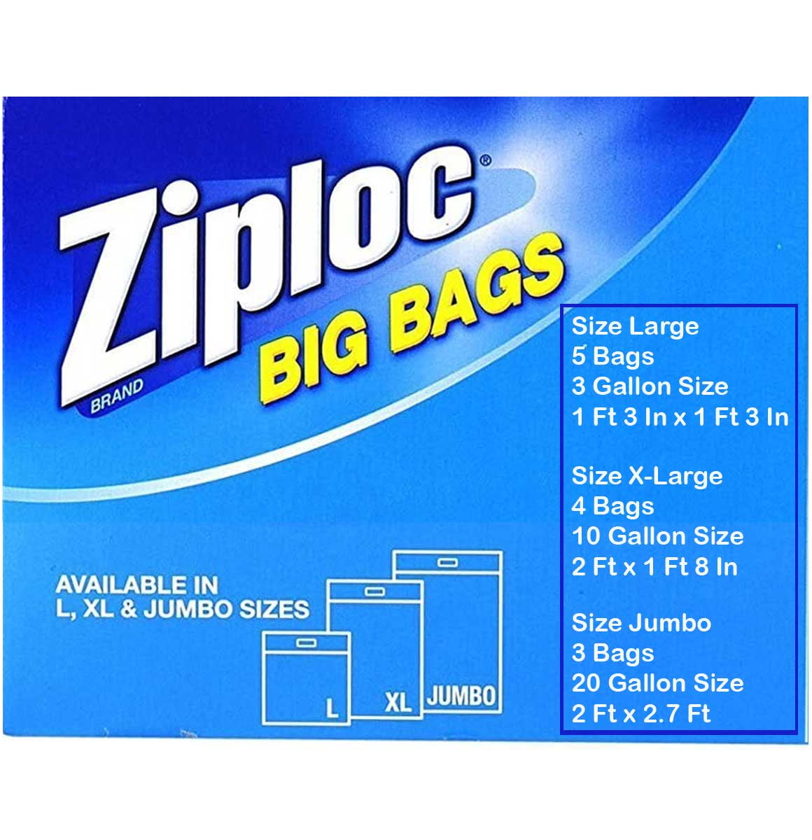 Lot Of 2 Ziploc Big Bags XL 10 Gallon Quantity 3. Large 3 Gallon Quantity 4