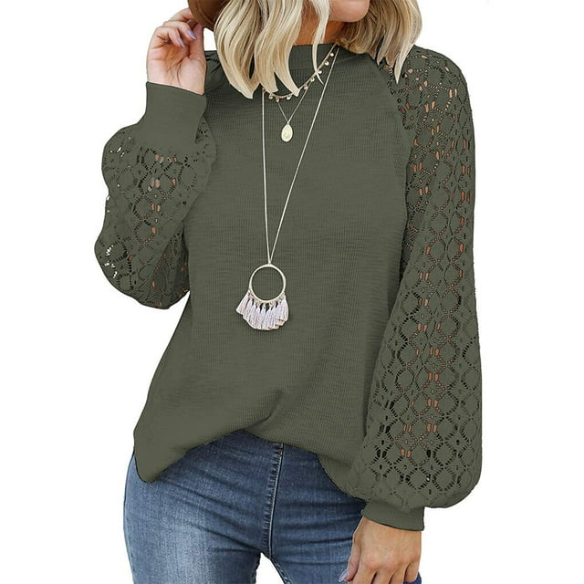 Decodeary Blouse en Dentelle à Manches Longues pour Femmes, Col Rond, T-Shirt Uni Vert TG