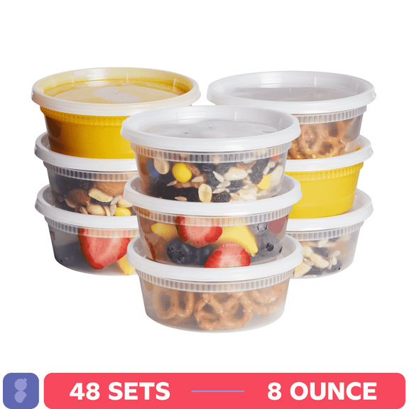 GUSTO Plastic Deli Containers with Lids 48 Set, 8oz Food Storage Containers, Leakproof, BPA Free, Microwave Freezer Dishwasher Safe for Soup, Meal Prep Containers
