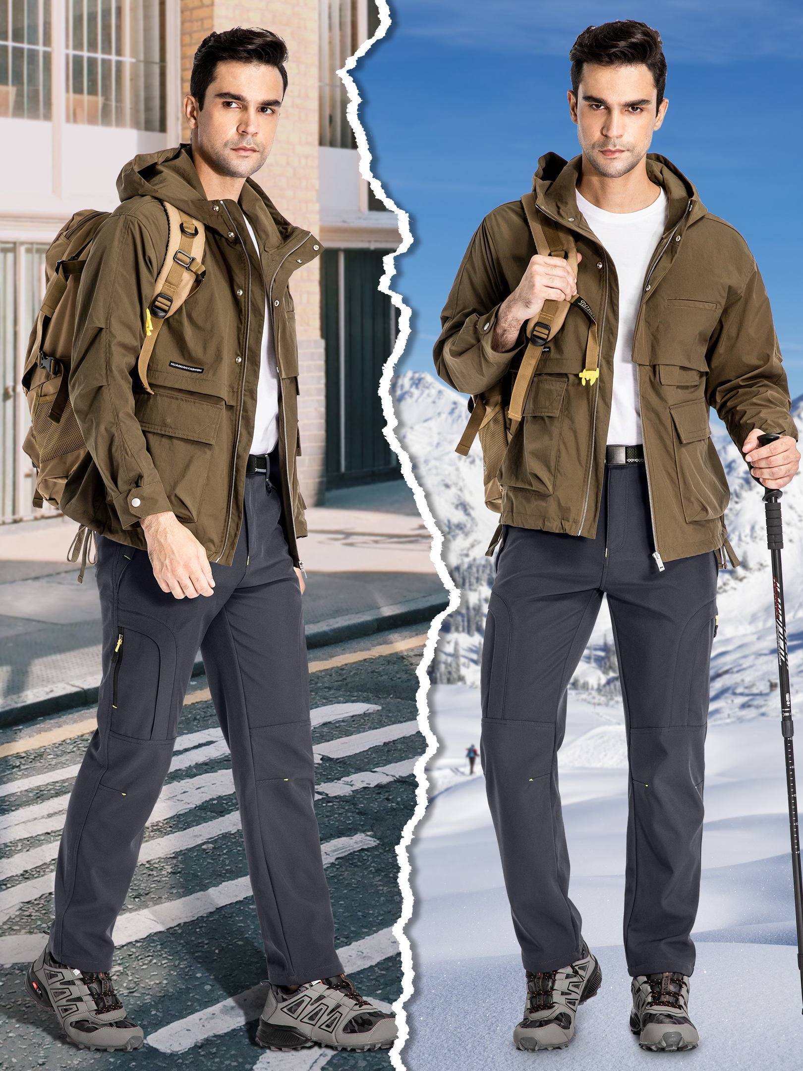 POENTAB Fleece Lined Pants For Men Water Resistant Windproof Ski Snow Pant Winter Thermal Work Trousers with Zipper Pockets Grey 36