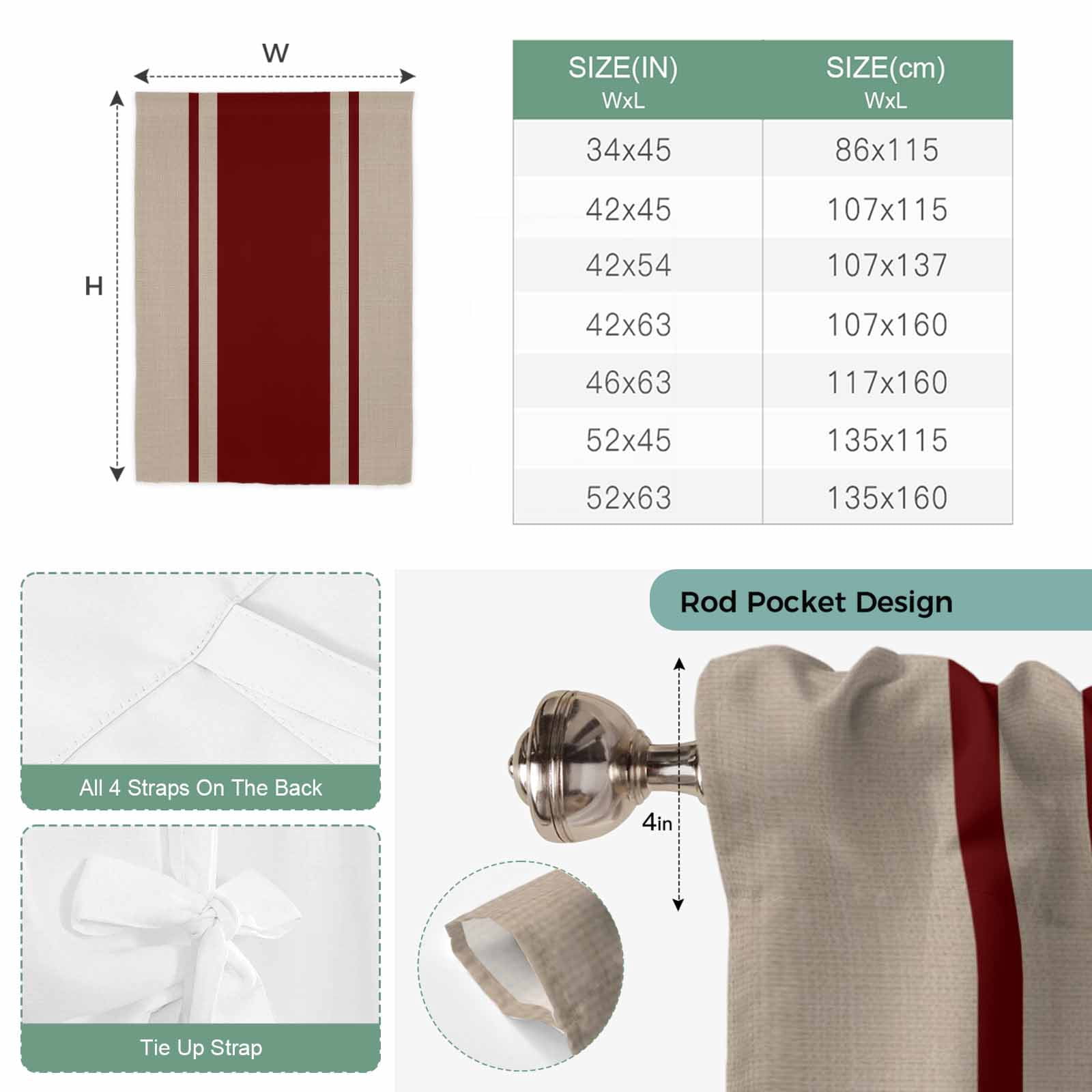 Red Vertical Stripes Tie Up Curtain for Window, Abstract Vintage Linen Texture Minimalist Adjustable Tie Up Balloon Curtain Valances Rod Pocket Window Treatment for Kitchen Bathroom Bedroom 42"x63"
