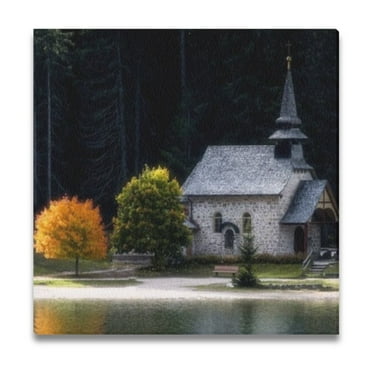 Set of 6 Lakeside Church Autumn Oil Paintings 16x16 Inch Hand-Painted Canvas Wall Art for Living Room Bedroom Decor with Warm Hues and Modern Style, Ready to Hang, Perfect for Home or Office