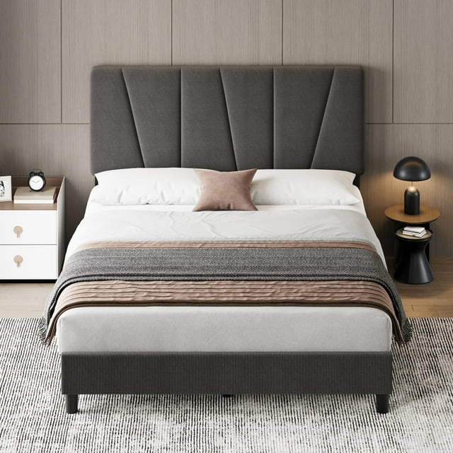 Ourlova Full Size Bed Frame with Adjustable Headboard, Linen Upholstered Platform Bed Frame with Strong Wooden Slats, Mattress Foundation, No Box Spring Needed