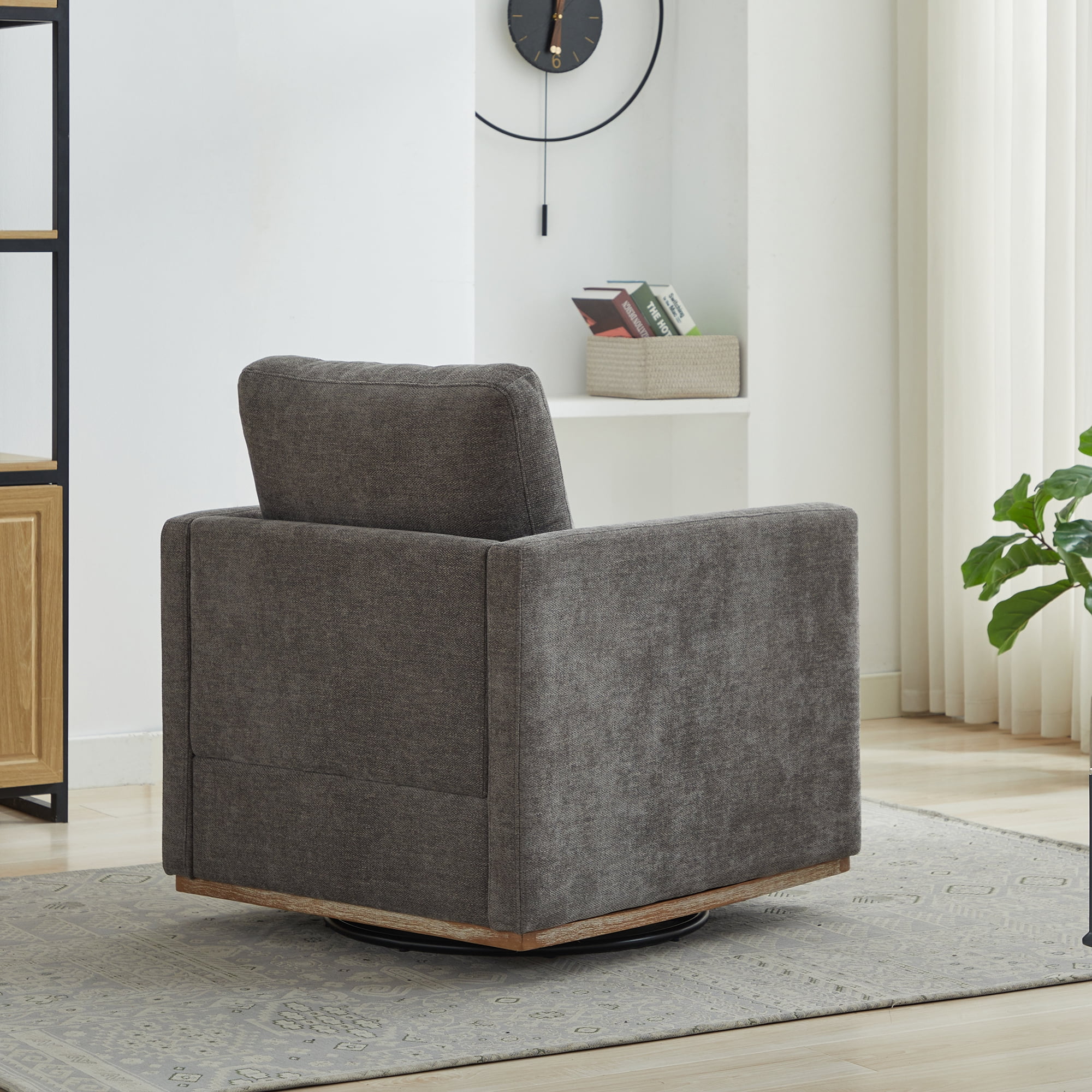 360° Swivel Accent Chair Chenille Arm Chair Upholstered Single Sofa Chair with Wooden Base,Club Lounge Reading Armchair for Living Room Bedroom Apartment,Charcoal