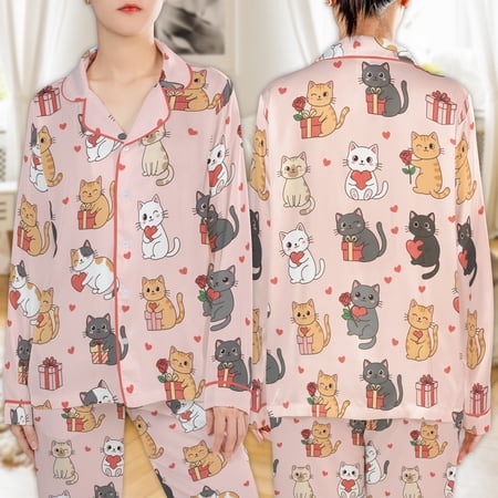 Lotusprinthandmade Cute Valentine Cats All-over Print Satin Pajamas Set (No Pocket) (2XL) valentine cat pajamas cute cats pajama set