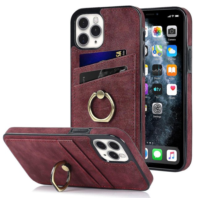 Funda de piel estilo vintage para iPhone 11 Pro con ranura para tarjetas, anillo giratorio de 360 grados, protección para la cámara, protección en las 4 esquinas, funda de teléfono muy resistente.