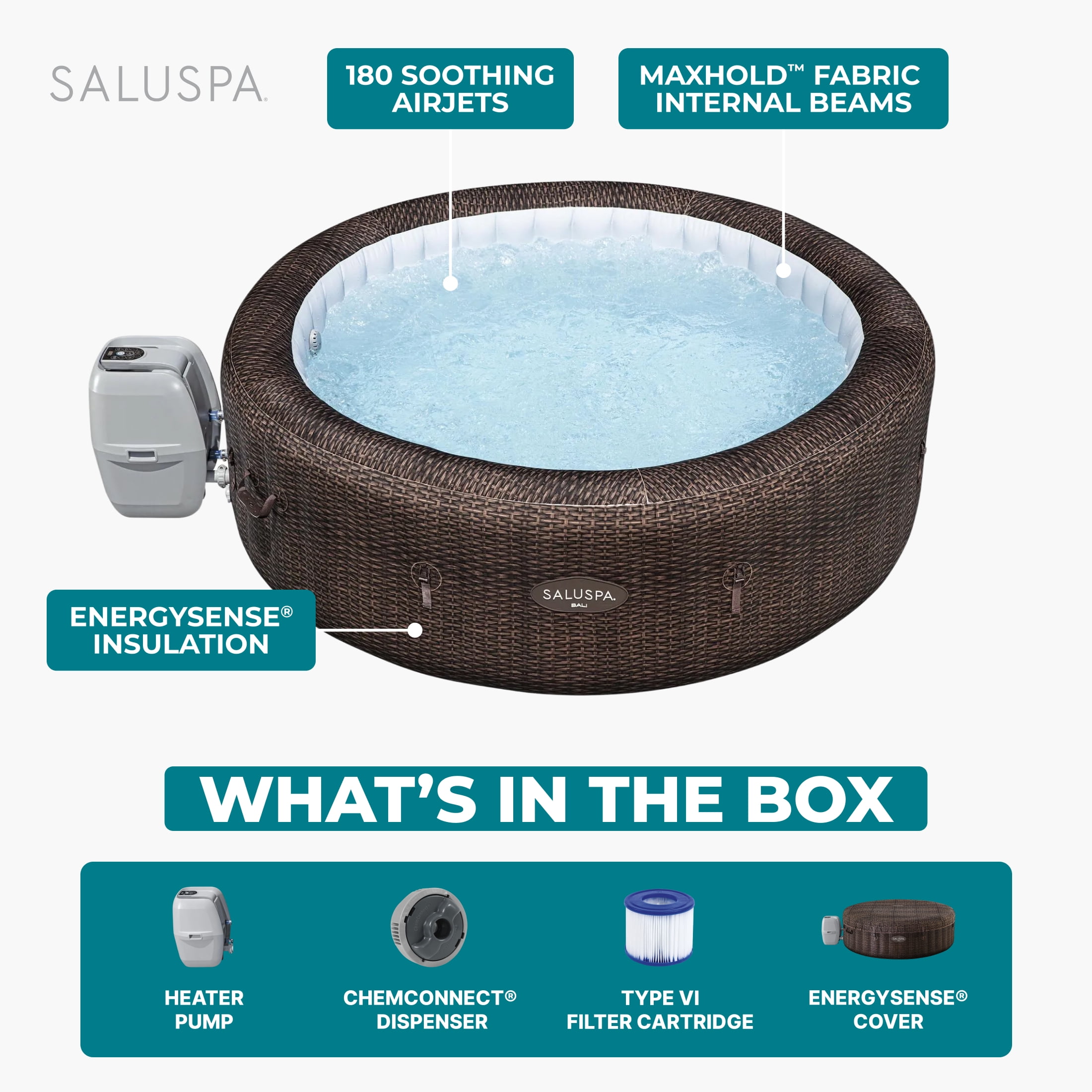 Bestway SaluSpa Bali 5-7 Person Inflatable Hot Tub, Round Energy-Efficient Spa, 85"x28"