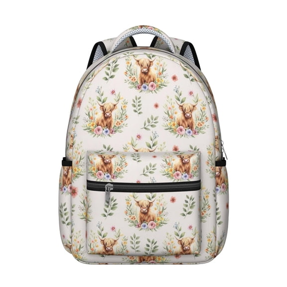 Highland Cow and Flower Print Backpack for School, Cute School Bag with Adjustable Shoulder Straps and Padded Back, 15.3"x11"x7.1"
