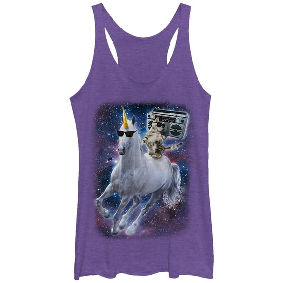 Women's Lost Gods Boombox Cat and Unicorn Space Song Racerback Tank Top Purple Heather X Large