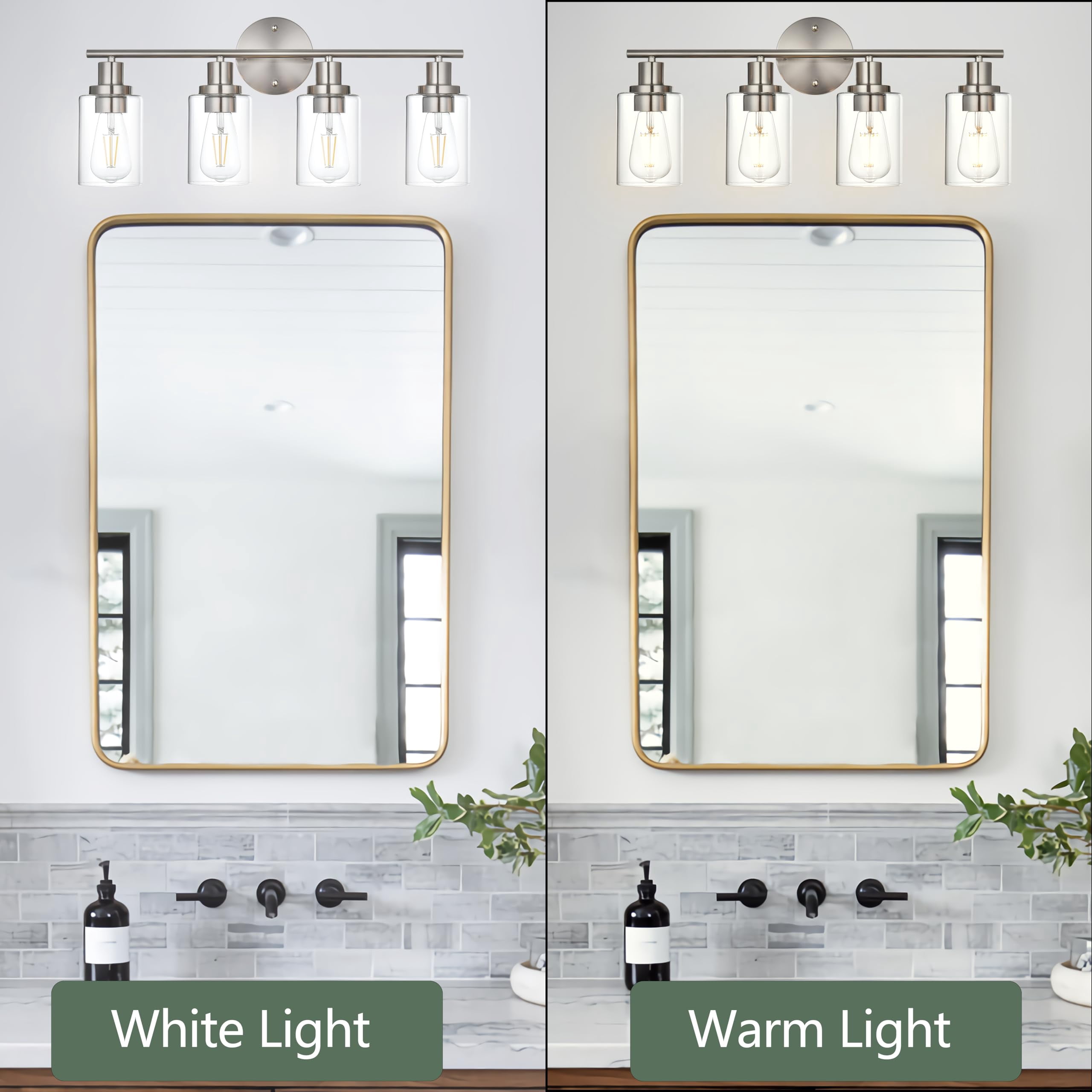 Melucee 4-light Vanity Light with Round Plate – Brushed Nickel Modern Bathroom Light Fixture, Dimmable Wall Sconce for Mirror, Bedroom, Makeup Area