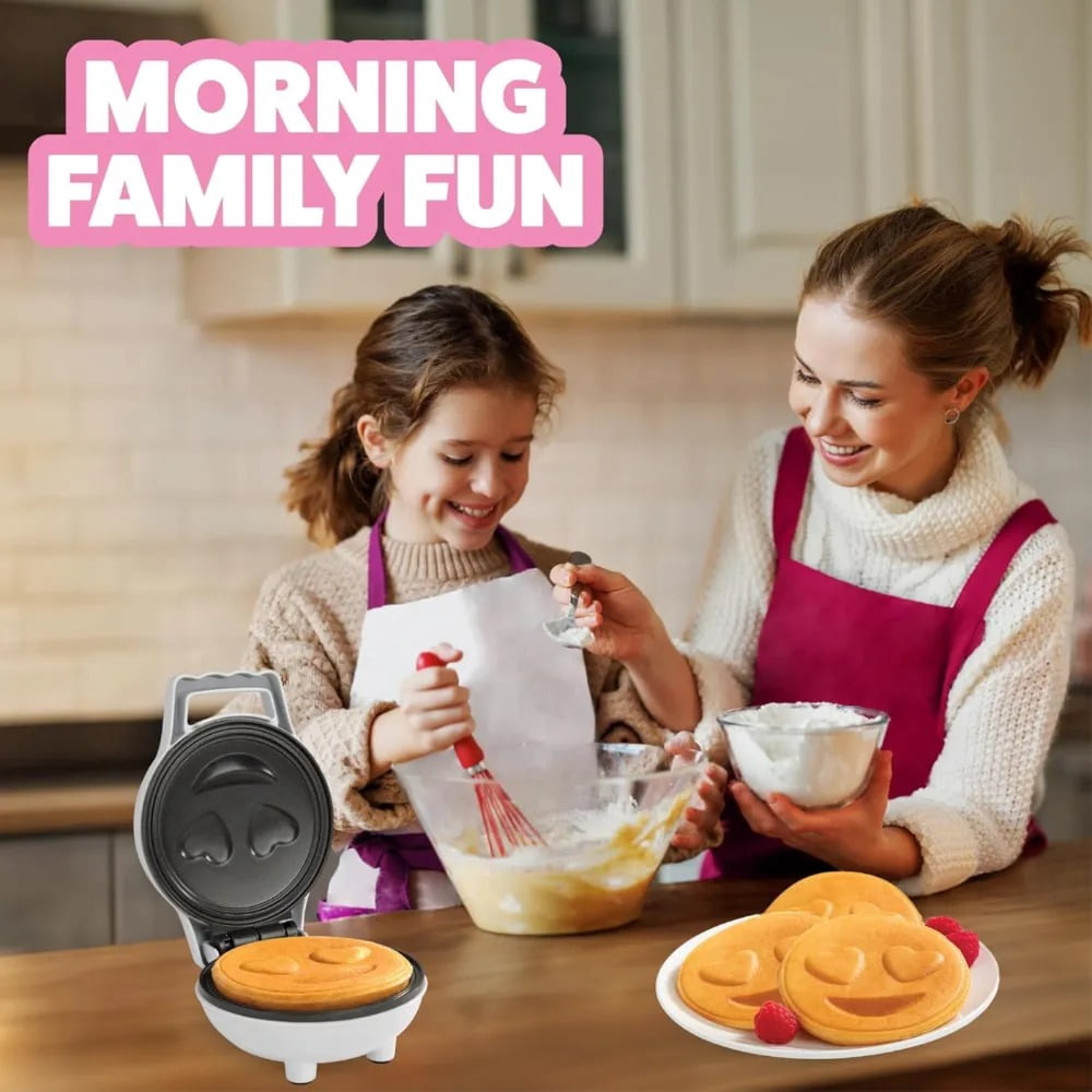 Heart Eyes Emoji Mini Waffle Maker- Valentines Day Breakfast w Cute Personal-Sized 4" Smiley Face Pancakes- Electric NonStick Baker Iron w Recipes- Loving Treat Gift for Her Him- Kids Easy Fun Bake