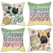 Fahrendom Happy Easter Decorative AIF4Throw Pillow Covers Set of 4, Hunny Bunny Cartoon Mouse Rabbit Eggs Porch Patio Outdoor Pillowcase, Colorful Stripes Flower Basket Cushion Case Home Decor