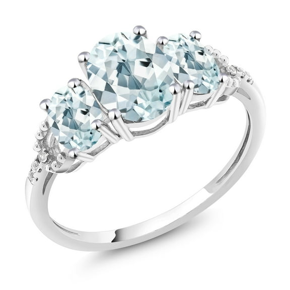 Gem Stone King 10K White Gold Oval Sky Blue Aquamarine and Diamond Accent 3 Stone Engagement Ring for Women | Oval 8X6MM & 6X4MM | Gemstone Birthstone | 2.01 Cttw (Size 9)