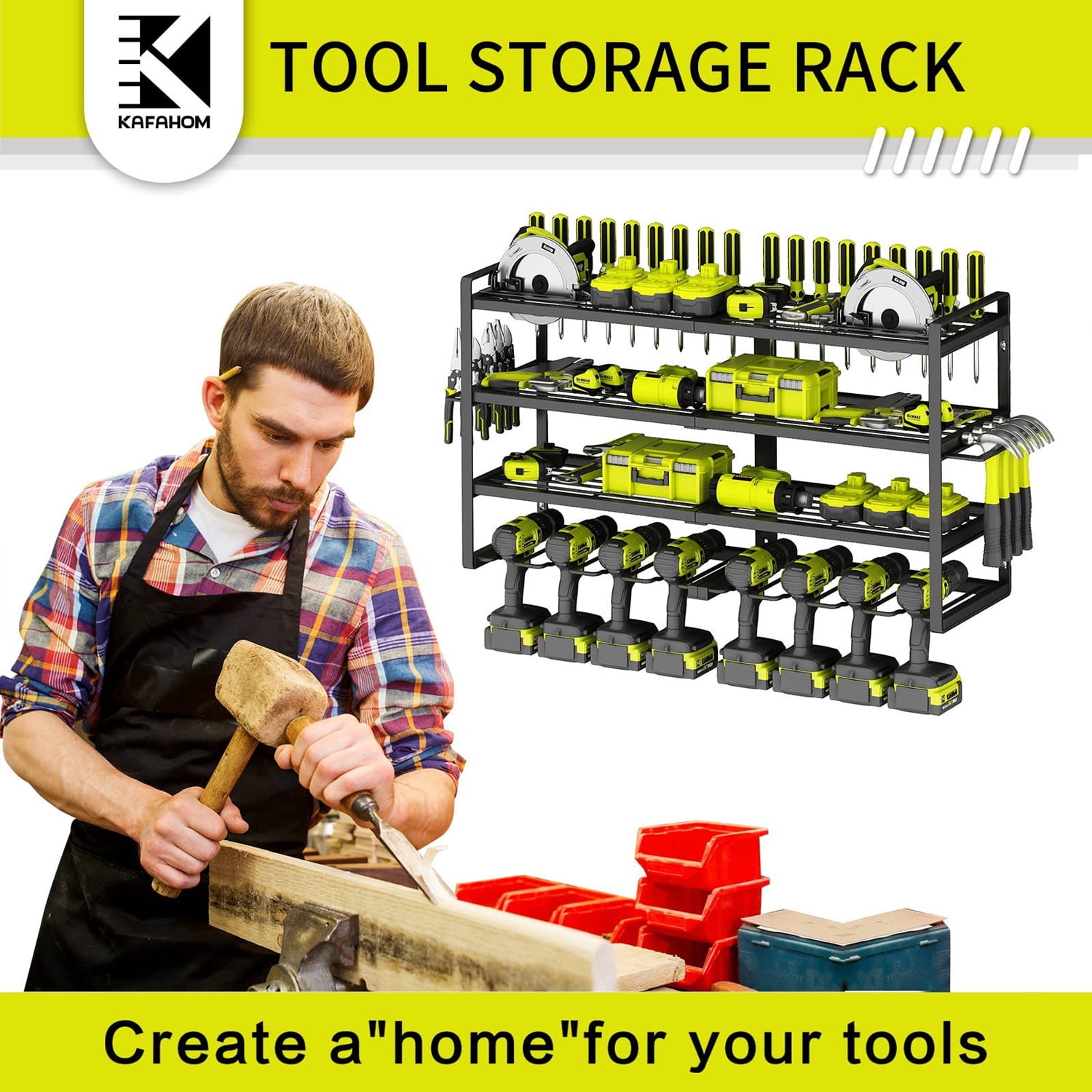 Wall Mount Power Tool Organizer 8 Drill Holder,4 Layer Heavy Duty Metal Power Tool Storage Rack,Garage Tool Organizer and Storage with Screwdriver Holder/Plier Holder/Hammer Holder