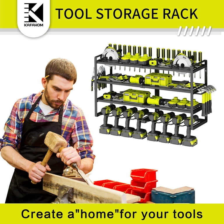 Ronlap Power Tool Organizer Wall Mount – 8 Drill Holders, 4-Tier Tool Rack, 300 Lb Capacity – With Screwdriver, Pliers & Hammer Holders