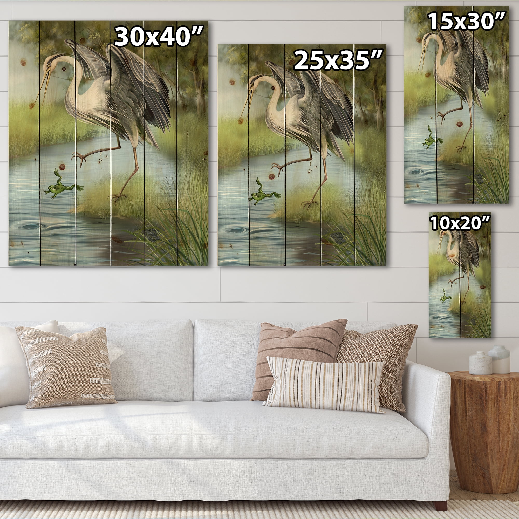 Designart 'Crane Hunting A Frog' Farmhouse Print on Natural Pine Wood