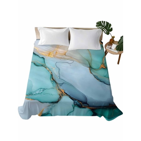 Turquoise Marble Flat Sheets Only Queen Size, Soft Breathable Bed Top Sheets for Mattress, Farmhouse Abstract Ombre Texture Luxury Bedding Flat Sheets for Home Hotel Bedroom Bed Protection