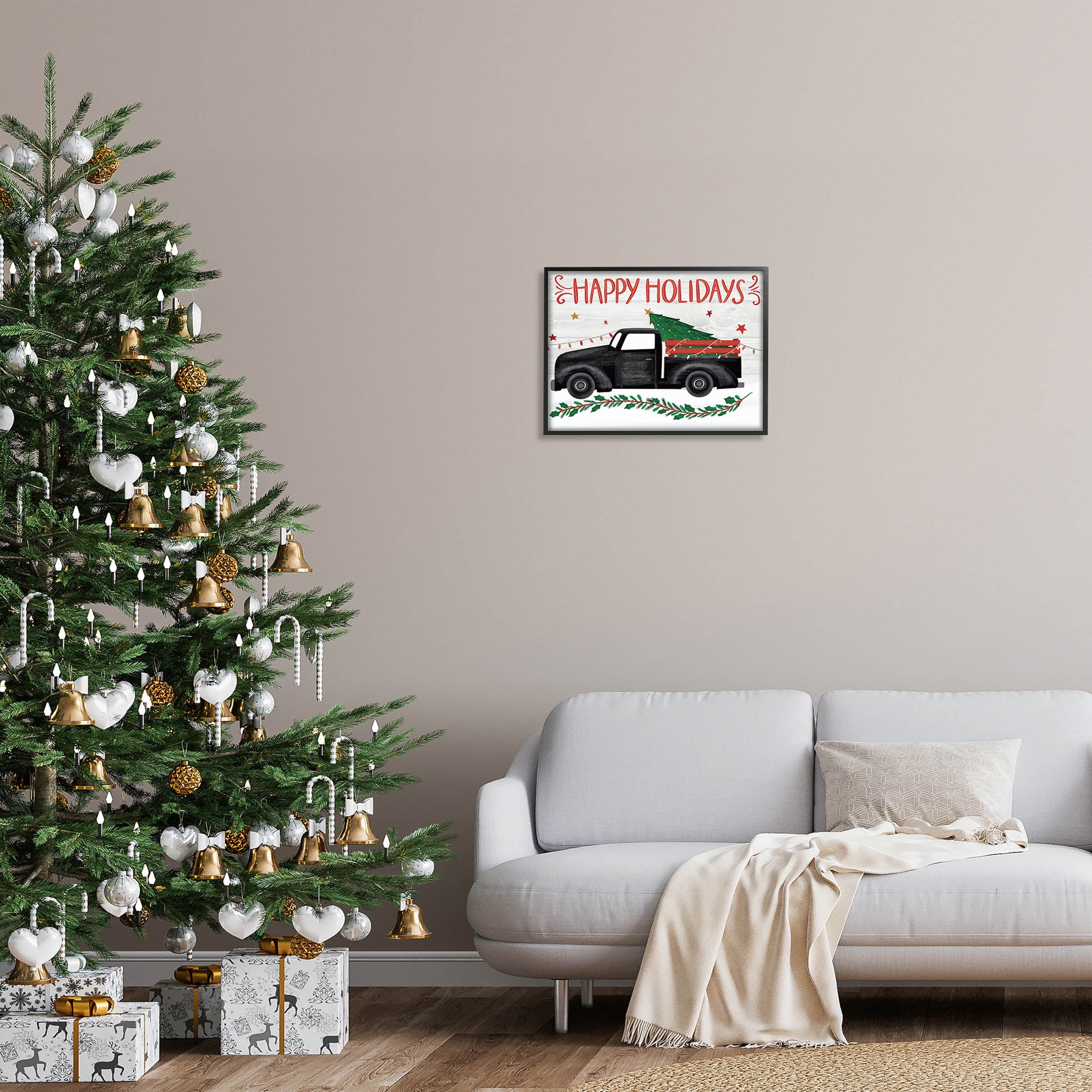 Happy Holidays Christmas Tree Truck Holiday Graphic Art Black Framed Art Print Wall Art