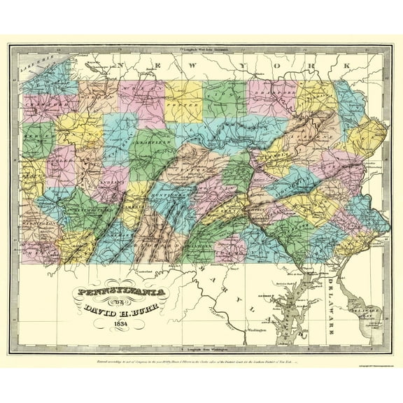 Historic State Map - Pennsylvania - Burr 1834 - 27.75 x 23 - Vintage Wall Art
