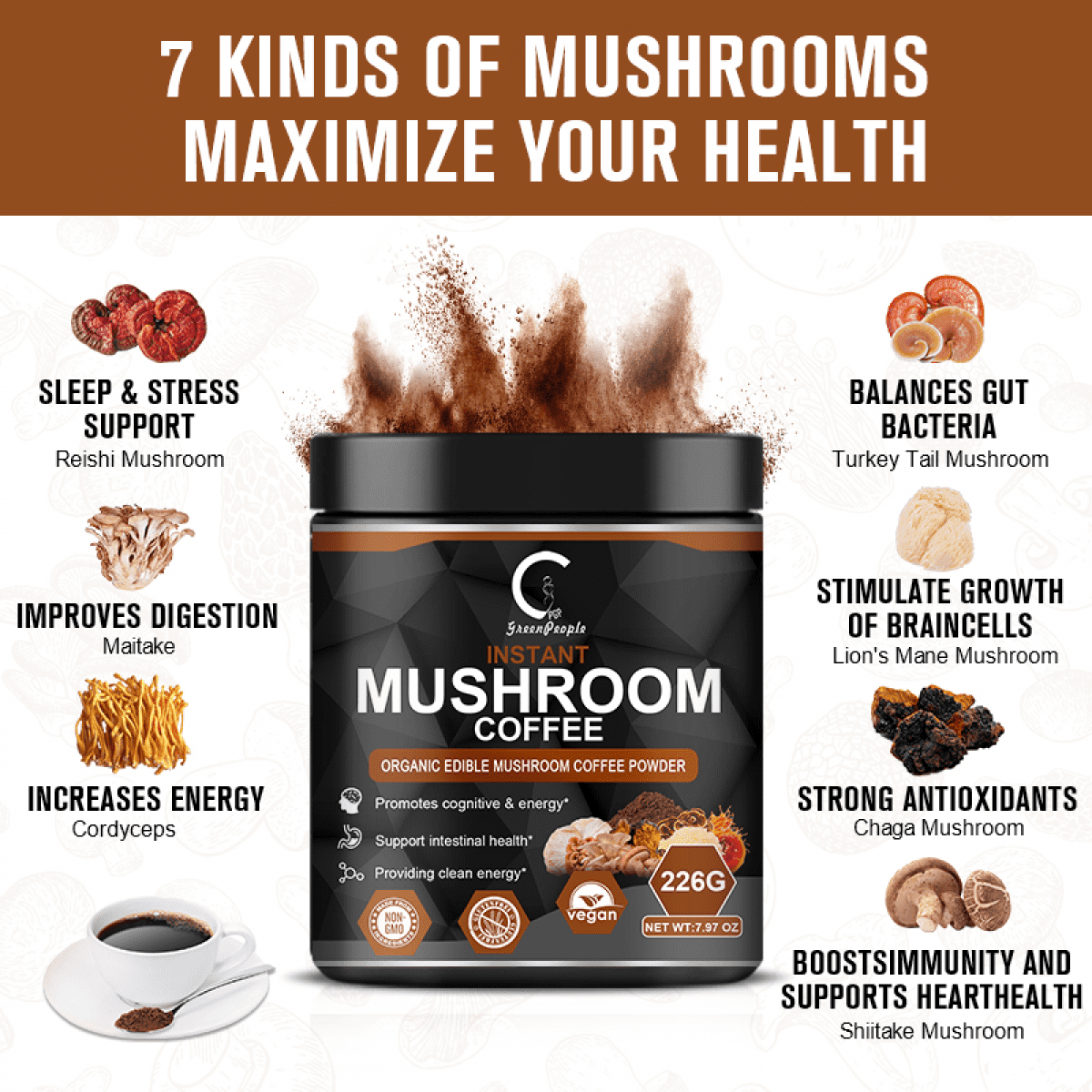 Mushroom Coffee Powder - 7 Mushroom Blend with Lion's Mane, Reishi & Chaga - 226g (7.97oz)