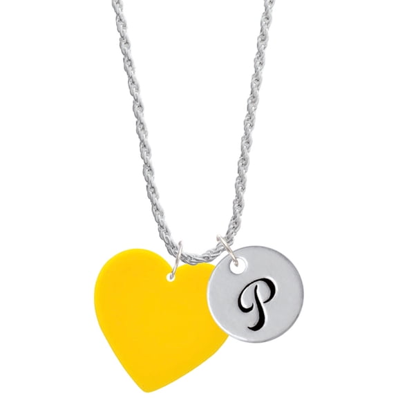 Delight Jewelry Acrylic 1" Yellow Heart Silvertone Script Initial Disc - P - Charm Necklace, 20"+3"