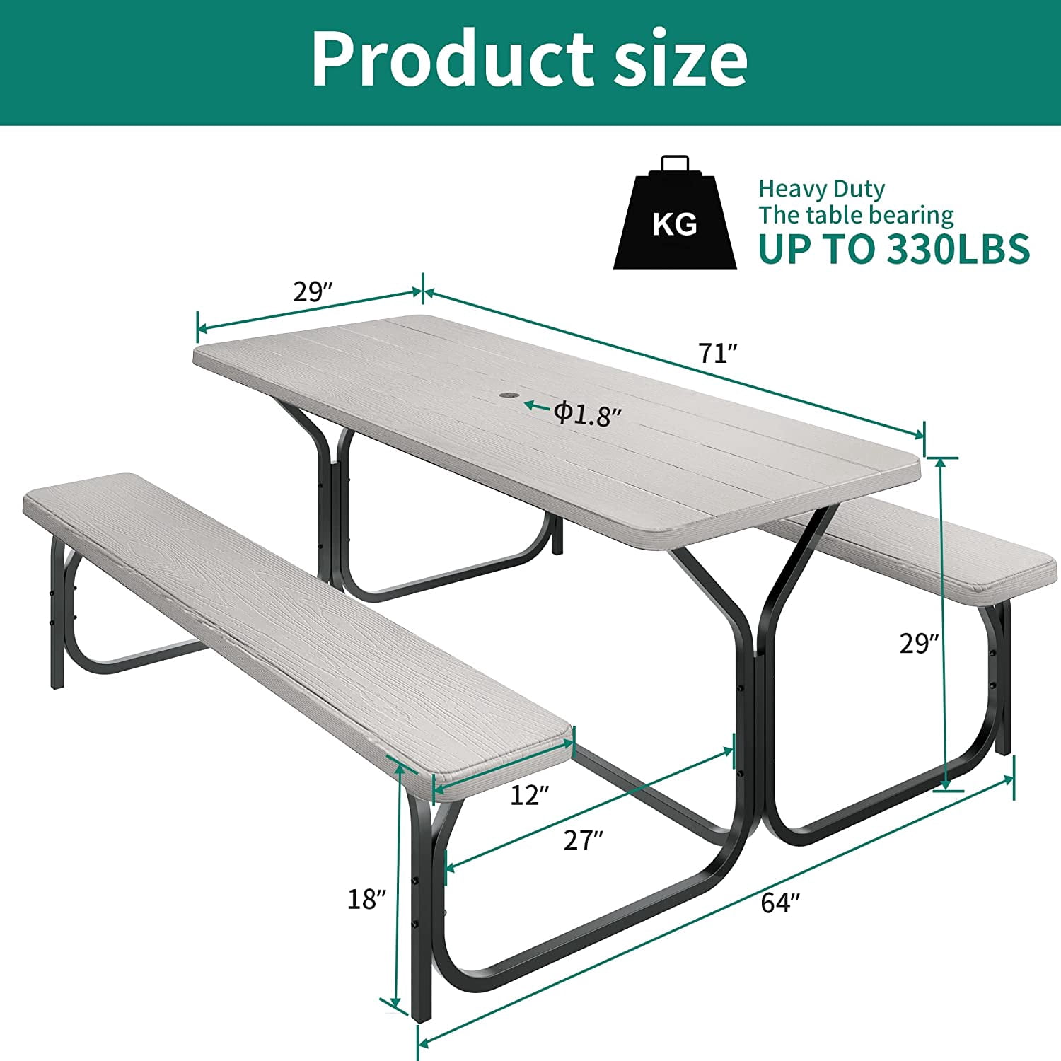Dextrus Picnic Table 6ft Heavy Duty Outdoor Picnic Table and Bench Resin Tabletop & Stable Steel Frame w/Umbrella Hole for Yard Patio Lawn Party Light Gray