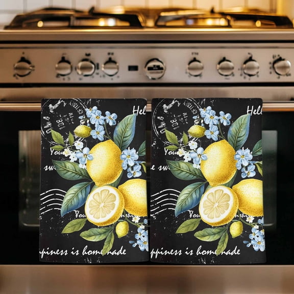 Summer Lemon Kitchen Towels Set of 2, Vintage Black Plaid Blue Spring Floral Absorbent Dish Towels for Kitchen, Microfiber Hand Towel, Quick Drying Tea Towel for Cleaning Decorative Dishcloths