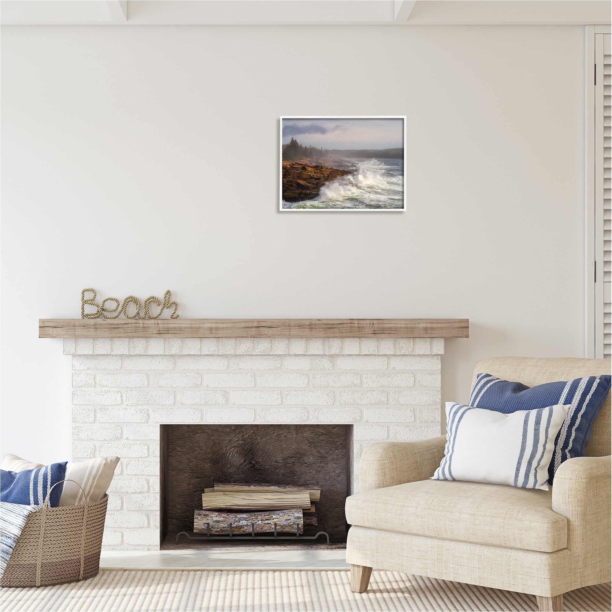 Stupell Industries Rough Waves on Cliff Landscape Photography White Framed Art Print Wall Art, 20 x 16
