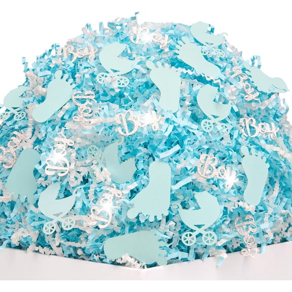 PAPER FAIR 1 LB Baby Shower Boy Crinkle Cut Paper Shred Filler with Foot Carriage Confetti, Blue White Silver Glitter Strand Raffia Tissue Craft Bedding Cushion, Gender Reveal Party Birthday