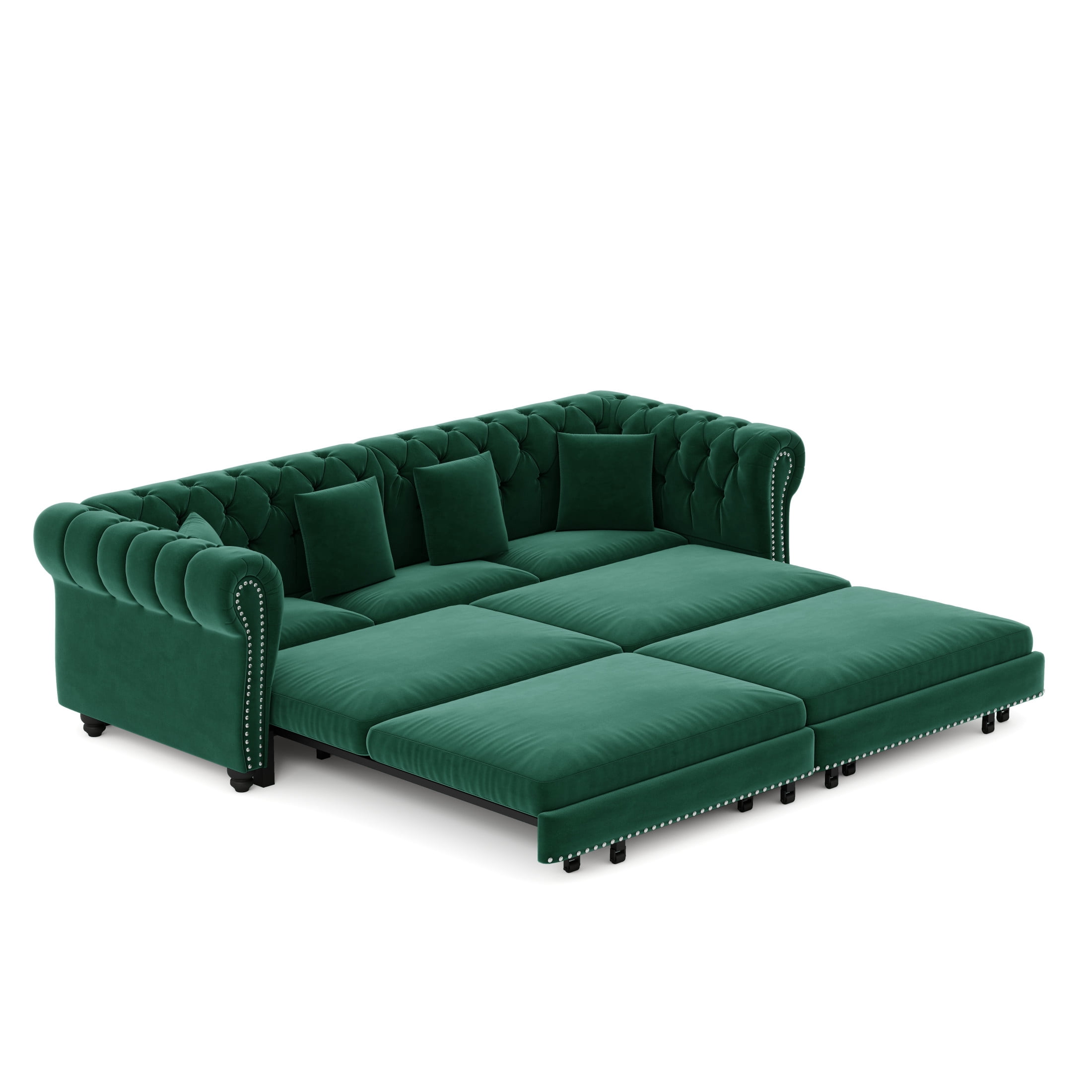 Noble House Ulwick Velvet Chesterfield Pull-Out Sofa Bed, 3-in-1 Convertible Sleeper Couch with Movable Ottoman, Green