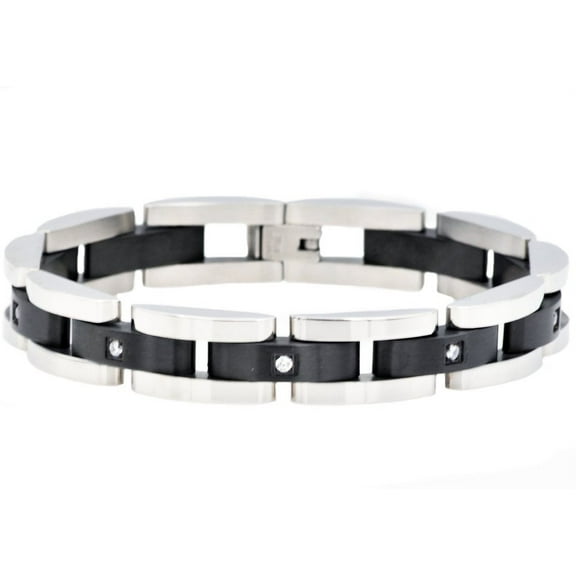 Brushed and Polished Silver with Black Stainless Steel Cubic Zirconia Semi Circle 8.5’’ Men’s Solid Link Bracelet