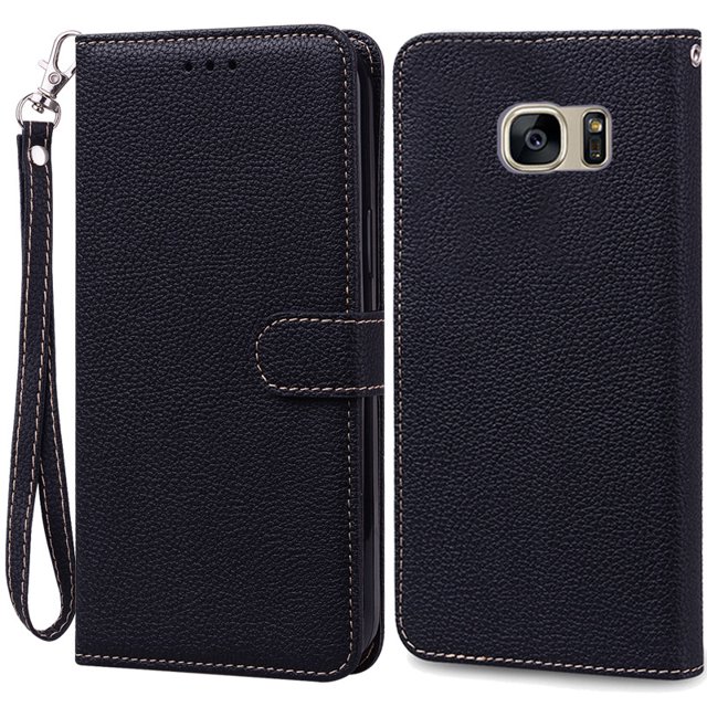 S7Edge Case For Samsung Galaxy S7 Case Leather Wallet On For Samsung S7 Edge Case Soft Flip Cover For Samsung S7 S 7 Edge Fundas Black -Strap For Samsung S7 Edge